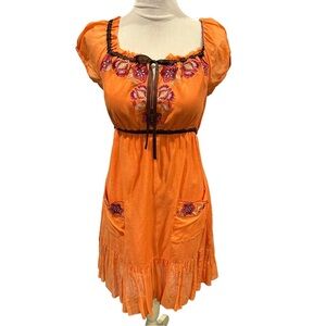 Bebe Boho  Silk Blend Embroidered Floral Accents Peasant Style Dress S